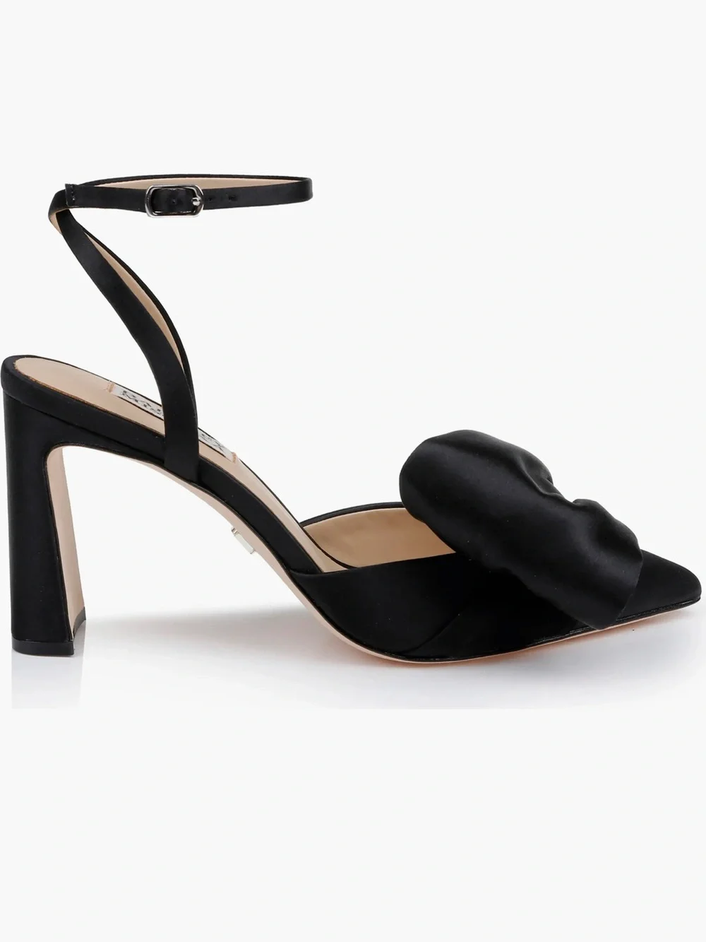 Badgley Mischka Black Satin Knotted Front Ankle-Strap Heels